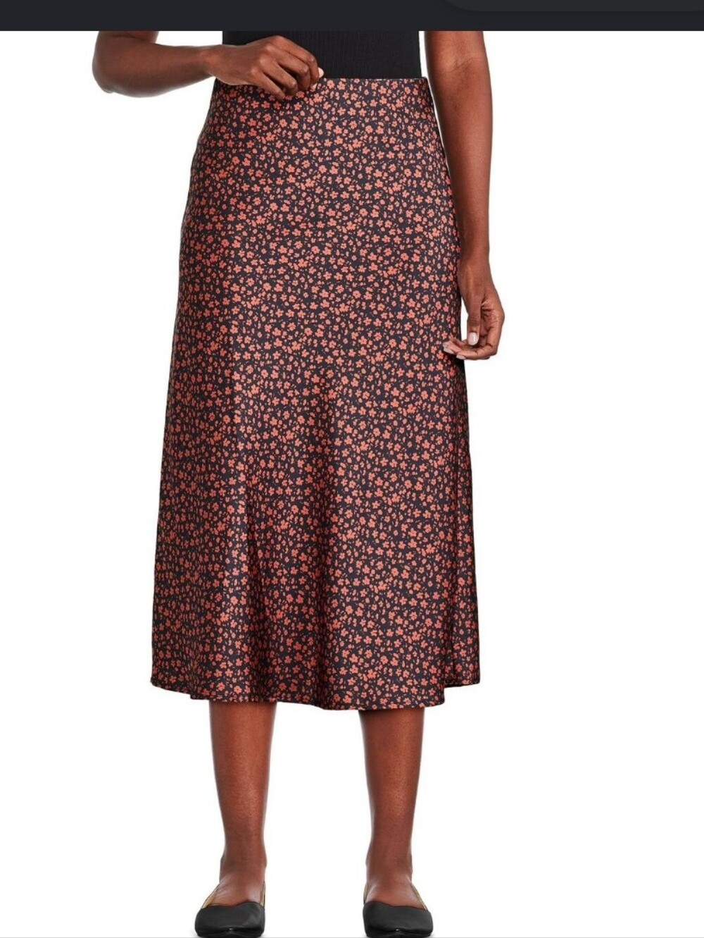 XXL Size 18 Midi Satin Skirt in Black with Rust Floral Print Office Casual